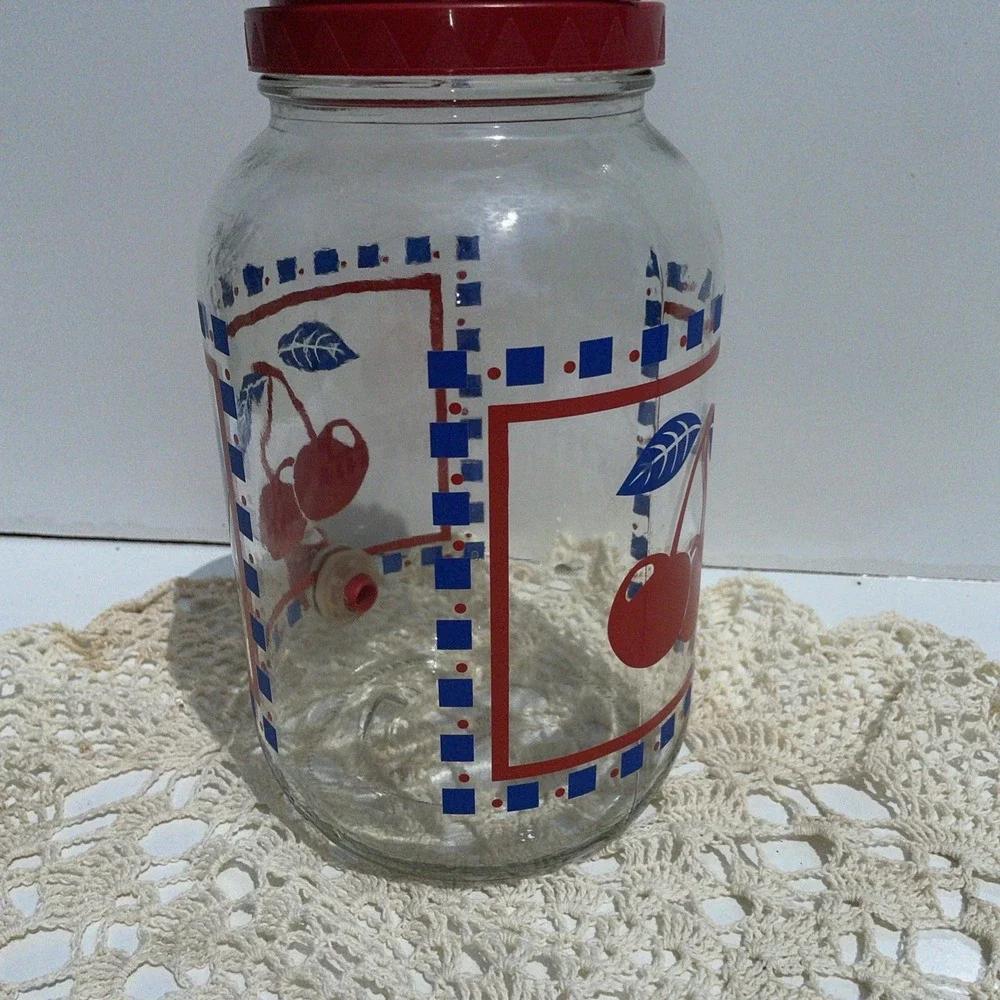 Vintage MCM Sun Tea Glass Beverage Dispenser Jar 1 Gal. Cherries Anchor Hocking